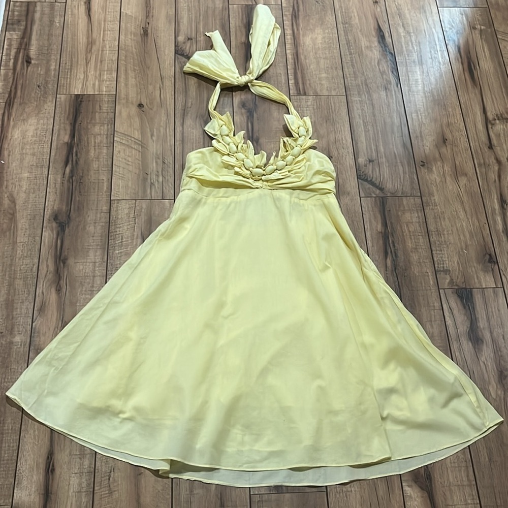 YA Women's Charming Yellow Halter Mini Dress Flowy Chic Beachy Sz L Cruise Wear